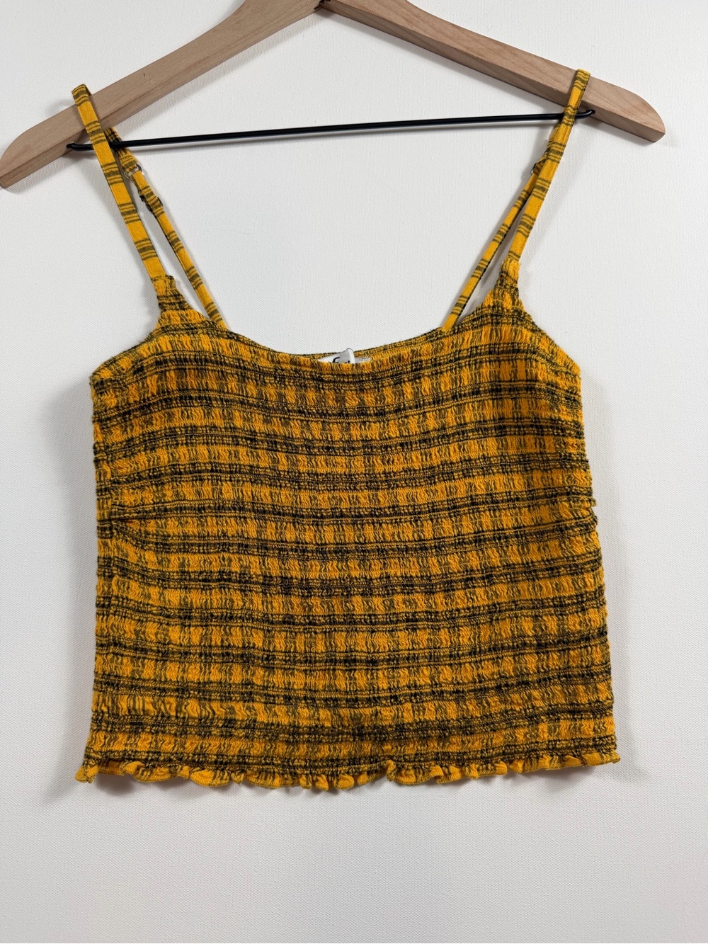 Hollister Yellow Smocked Plaid Crop Cami Tank Top Size M Y2K Festival Grunge